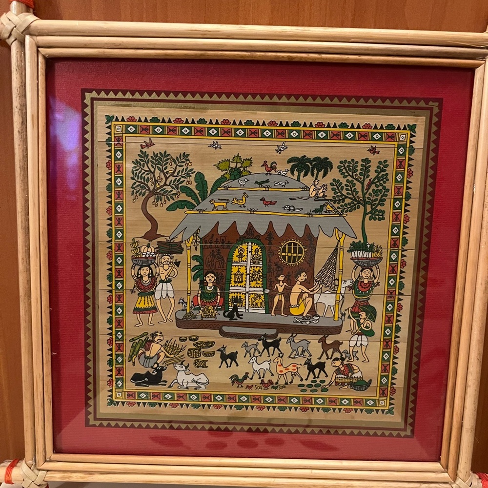 Patachitra Tribal Village People Life Style Palm Leaf Painting Framed Cane Stick
